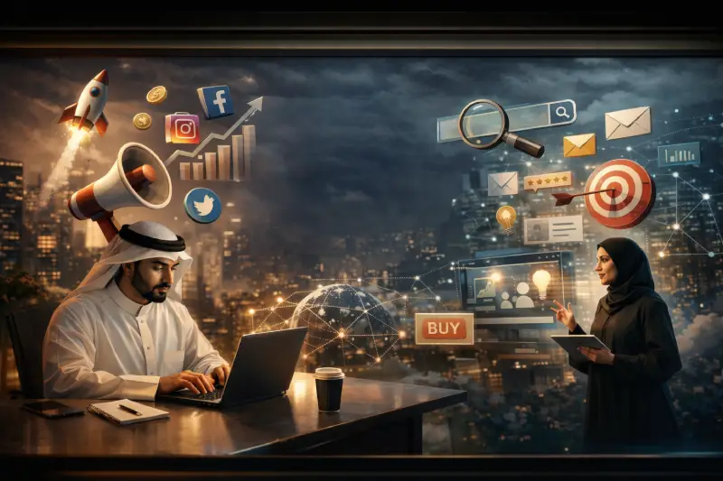 رجل وامرأة يعملان على تحليل البيانات والتسويق الإلكتروني باستخدام أجهزة حديثة وخلفية مدينة رقمية متطورة