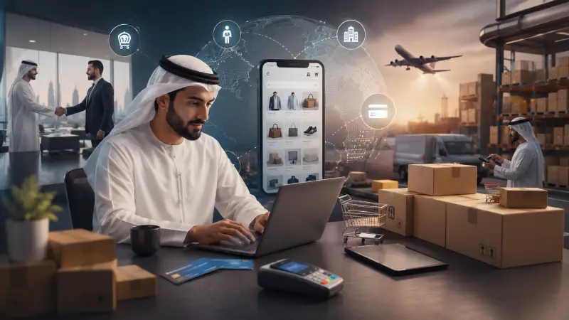 أنواع التجارة الالكترونية مع رائد أعمال عربي يستخدم منصة بيع إلكترونية وشحن عالمي ودفع رقمي