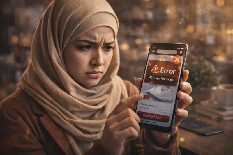 سيدة محجبة تستخدم تطبيق متجر إلكتروني على الهاتف المحمول وتبدو منزعجة بسبب ظهور خطأ أثناء محاولة الشراء عبر التطبيق.