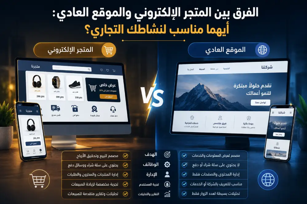 الفرق بين المتجر الإلكتروني والموقع العادي: أيهما مناسب لنشاطك التجاري؟